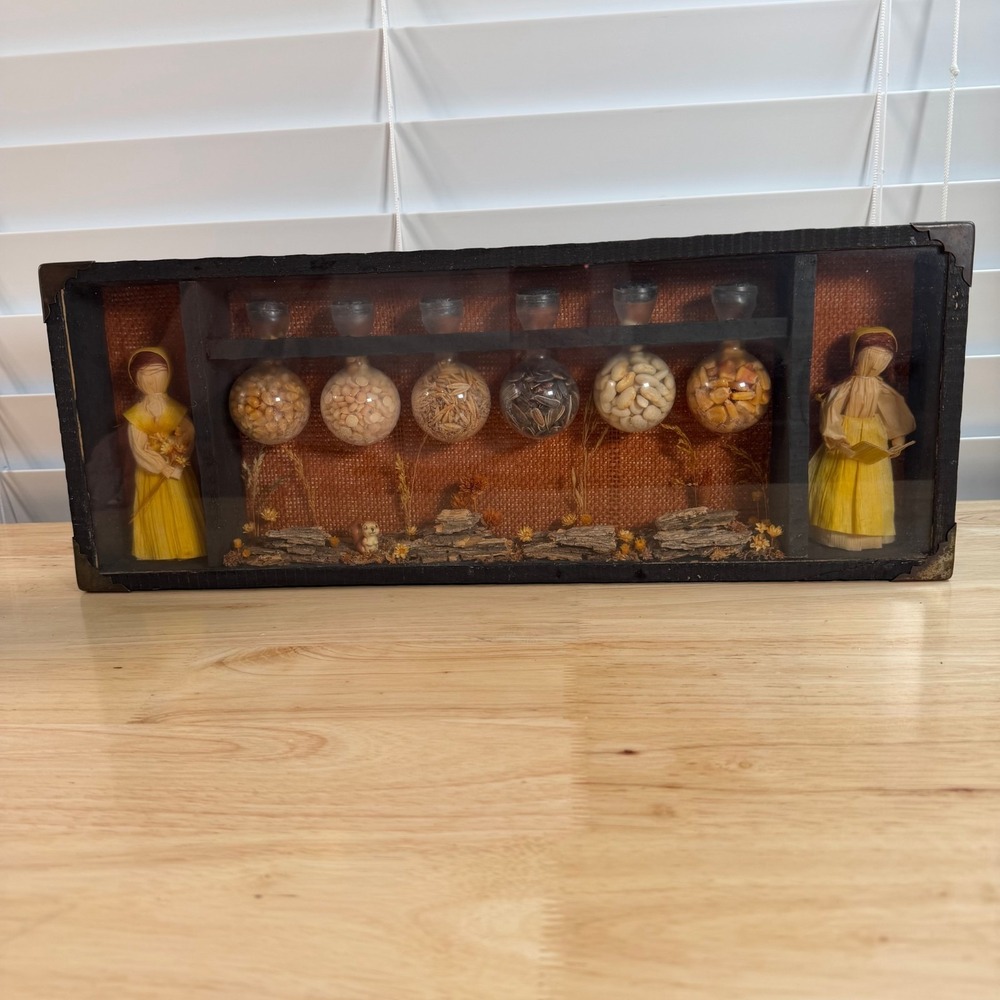 Vintage Shadow Box Diorama Corn Husk Dolls Dried Seed Vials Rustic Home Decor